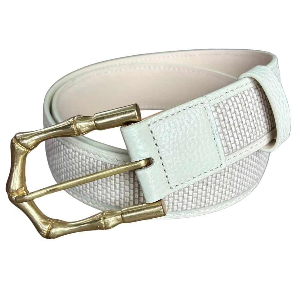 J.McLaughlin Jayla Grasscloth White Leather Raffia Belt Gold Bamboo Buckle M - Picture 8 of 15